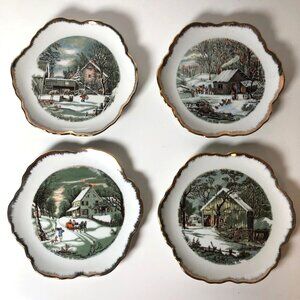 Currier and Ives Winter Homestead Scalloped Plates Gold Trim Vintage Collectible